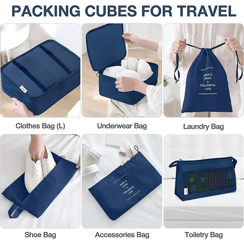 Travel luggage organizer set in navy blue for efficient packing and organization