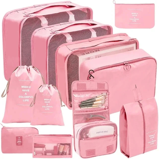 Pink travel luggage organizer set for efficient packing and easy access