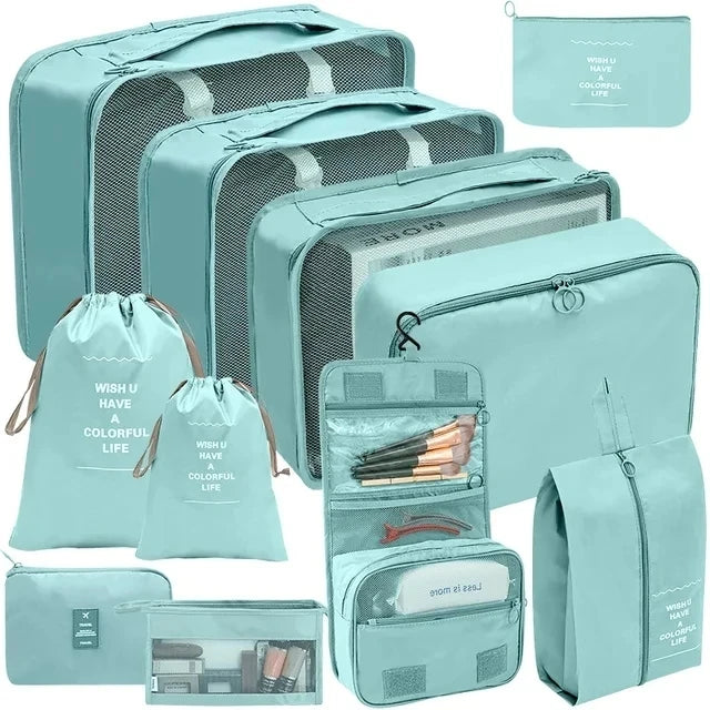 Travel luggage organizer set in teal, ideal for efficient packing
