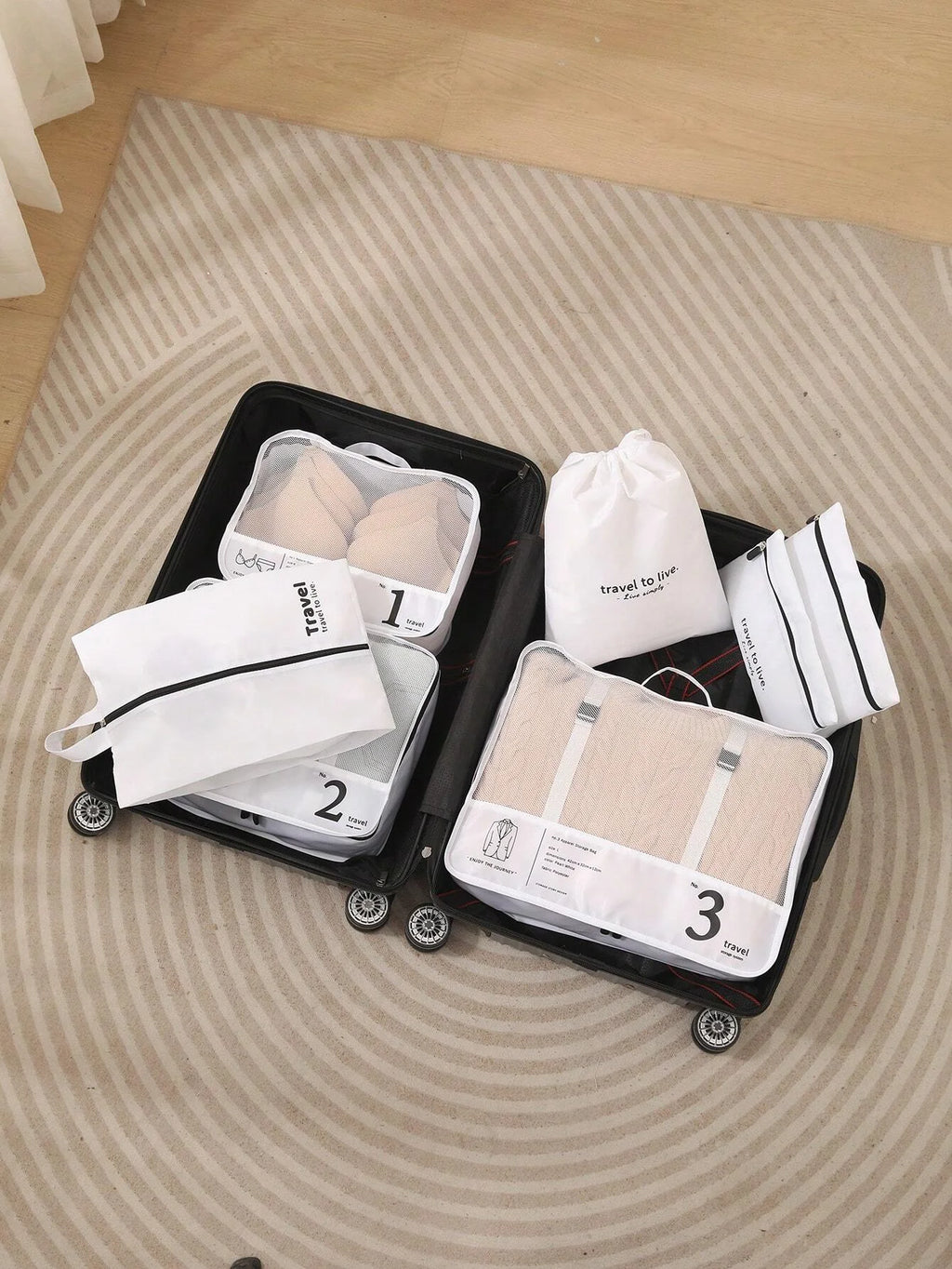 Travel luggage organizer set in clear material for efficient packing