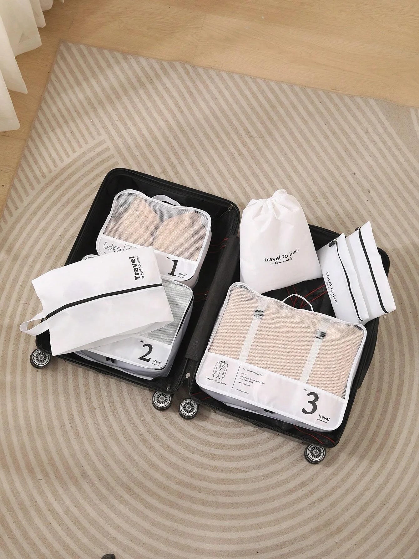Travel luggage organizer set in clear material for efficient packing