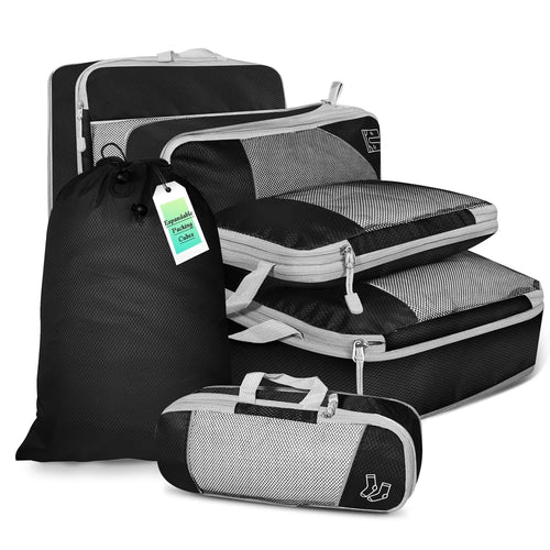 Black travel packing cubes set for organized travel and easy packing