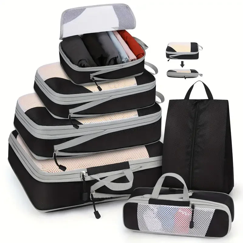 Black travel packing cubes set for organized luggage during trips
