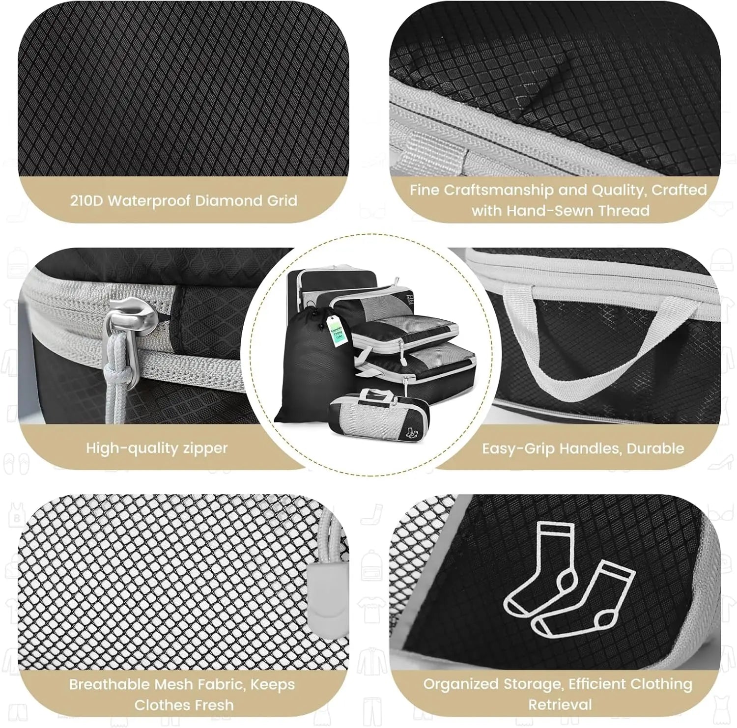 Travel packing cubes set in black, waterproof 210D fabric for organized storage