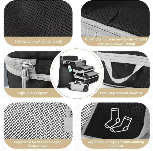 Travel packing cubes set in black, waterproof 210D fabric for organized storage