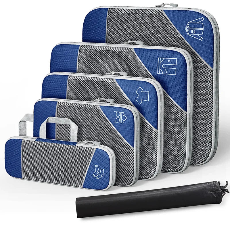 Blue travel packing cubes set for organized travel with lightweight fabric