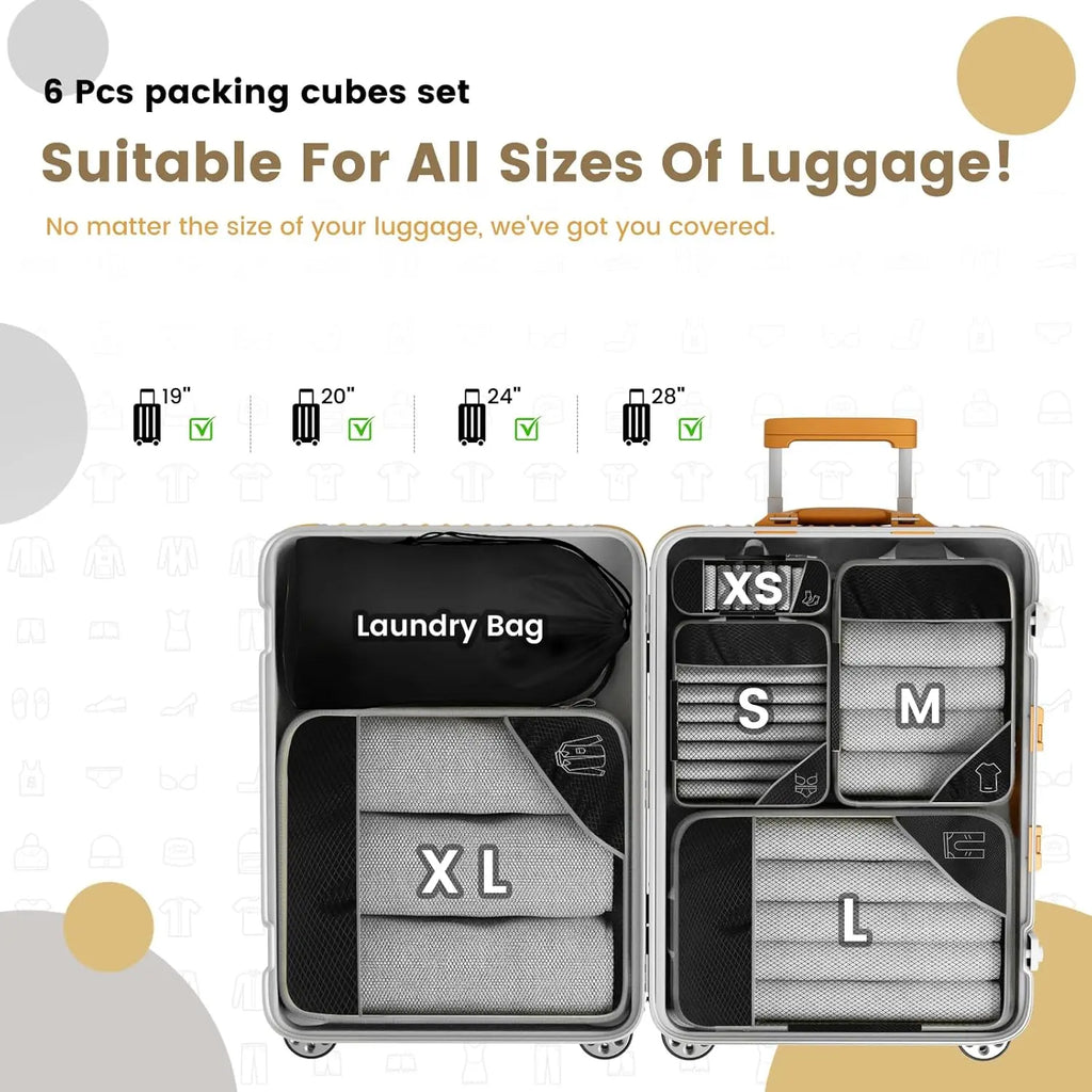 6 pcs travel packing cubes set in gray, fits all luggage sizes