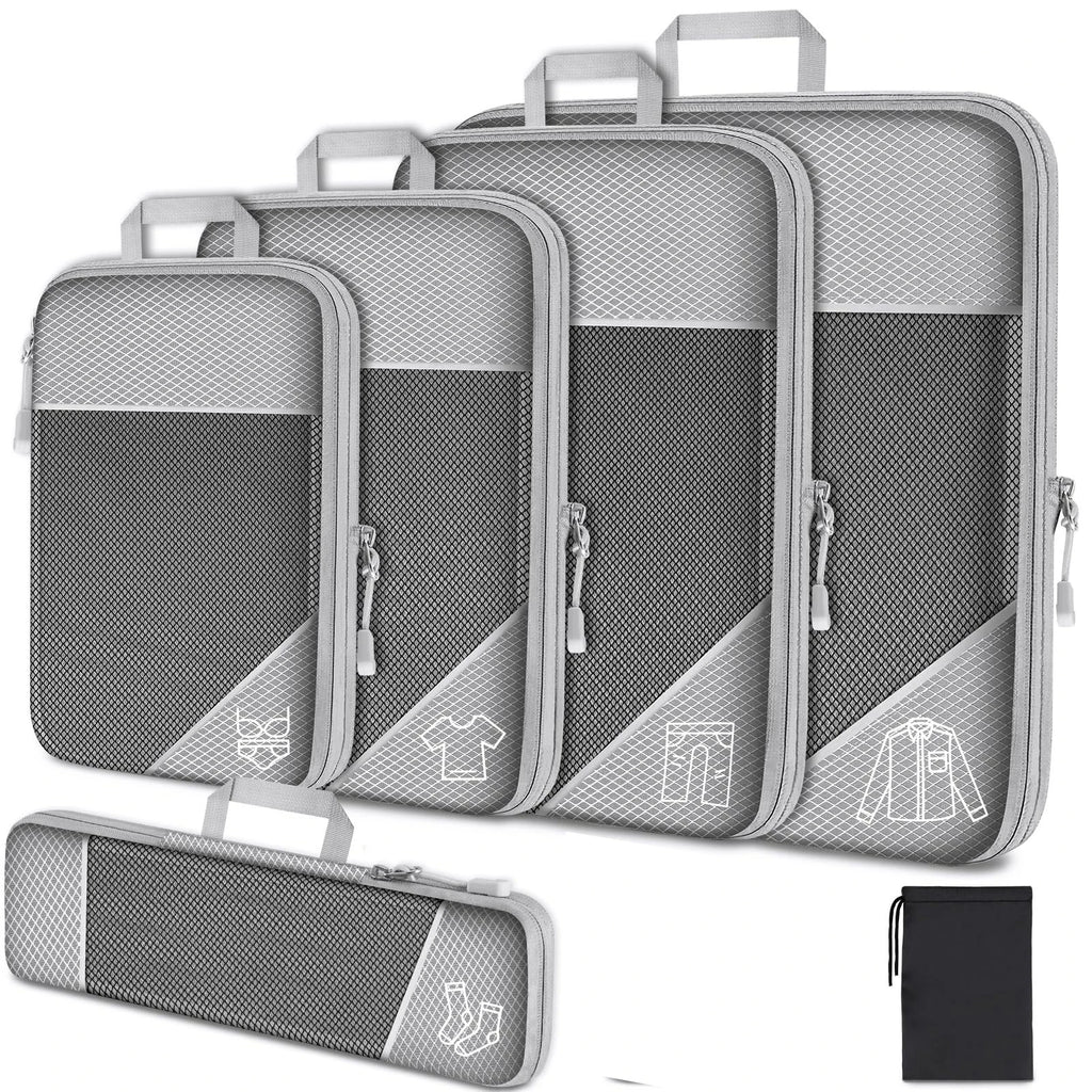 Travel packing cubes set, gray mesh, perfect for organizing clothes