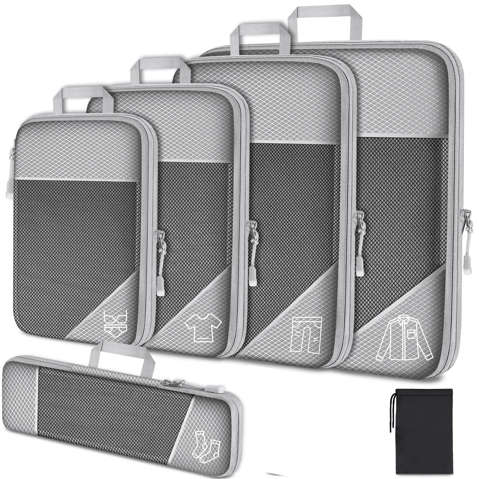 Travel packing cubes set, gray mesh, perfect for organizing clothes