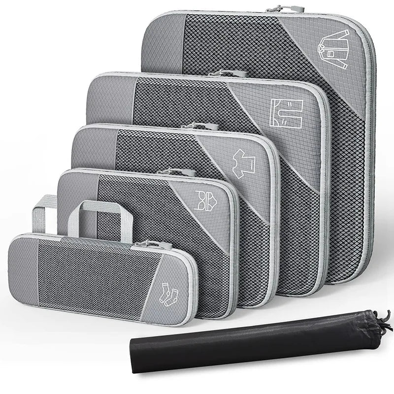 gray travel packing cubes set for organized luggage storage