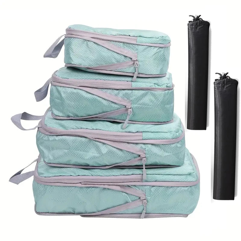 Travel packing cubes set in teal with zippers for organized packing