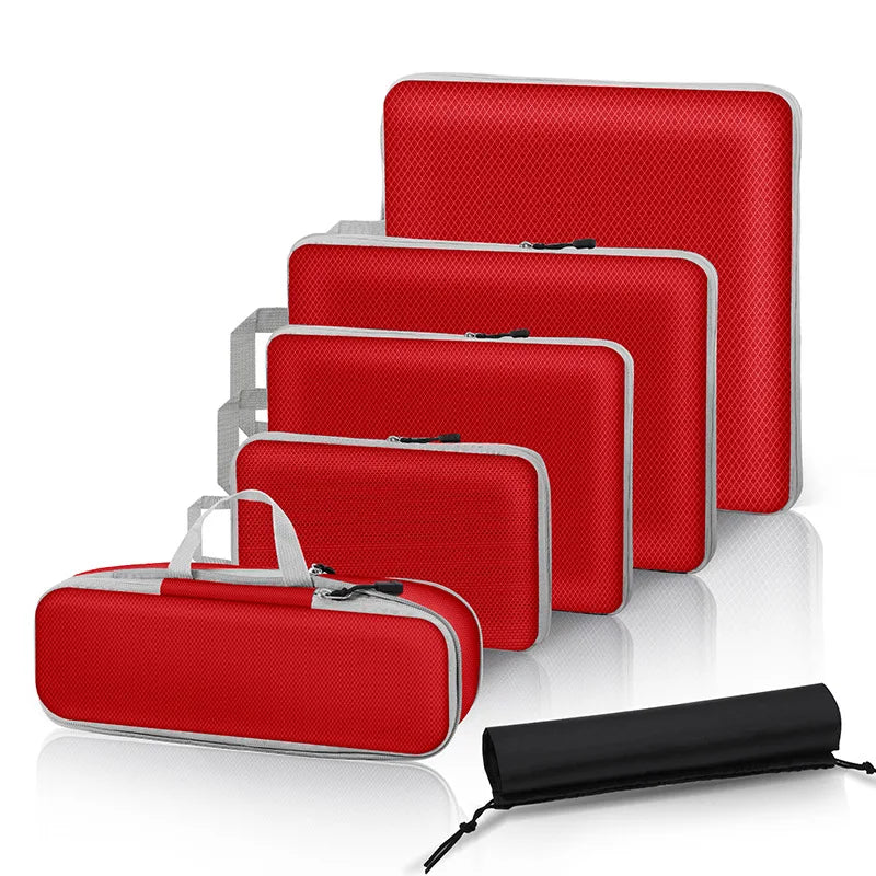 Red travel packing cubes set for organized suitcase storage