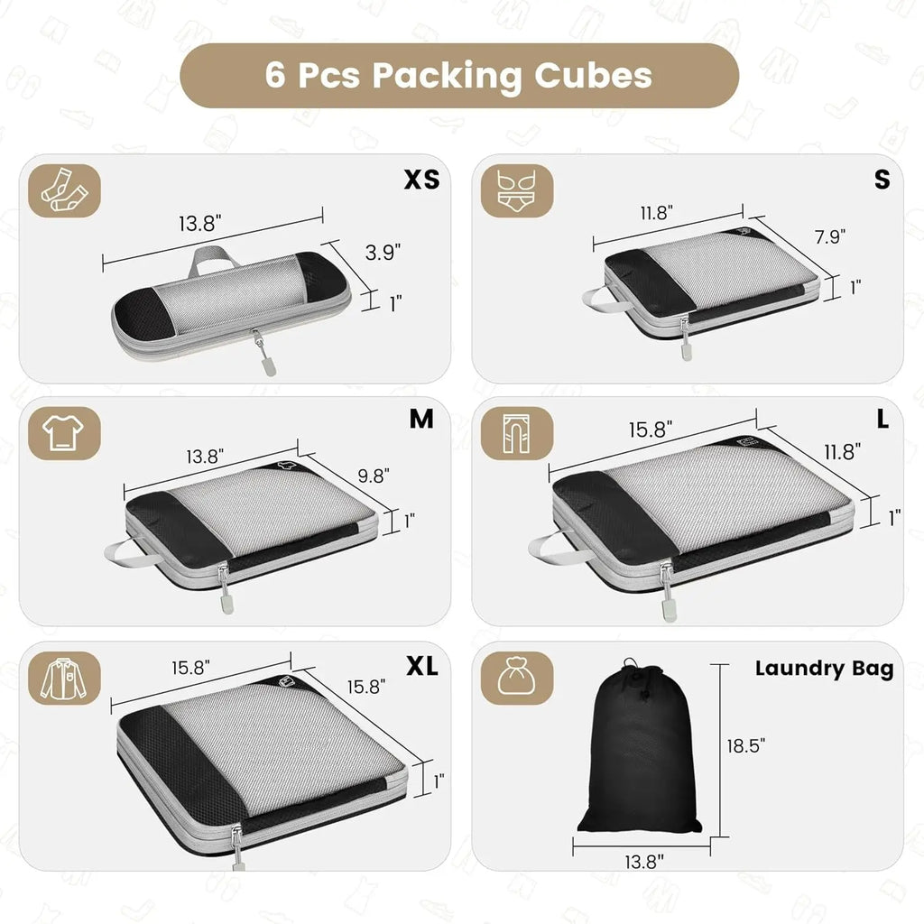 6 pcs travel packing cubes set in various sizes for organized travel
