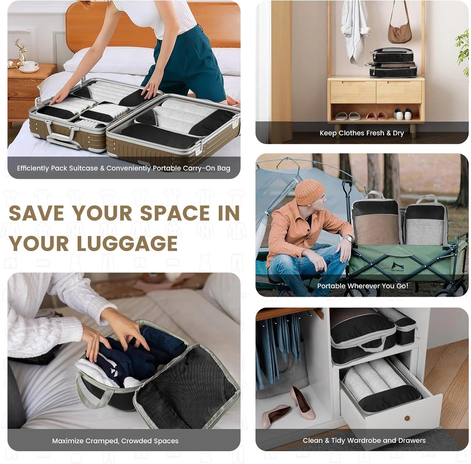 Travel packing cubes set in assorted colors for organized luggage
