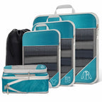 VacationGrabs travel packing cubes set in teal, durable fabric for organized luggage