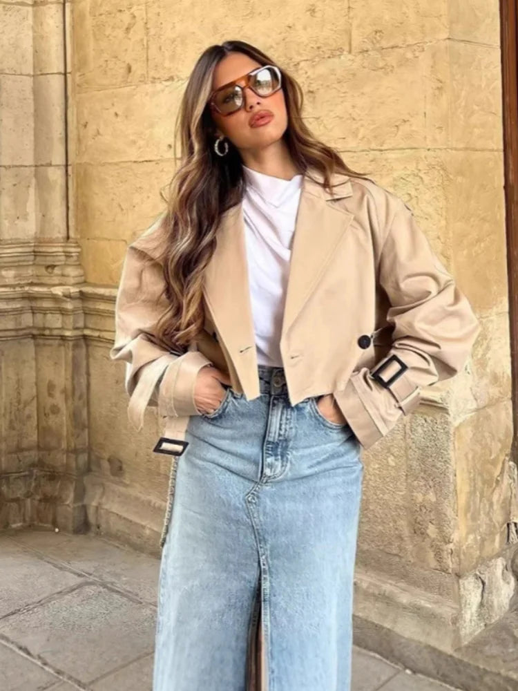 Beige trench coat women, lightweight fabric for stylish layering