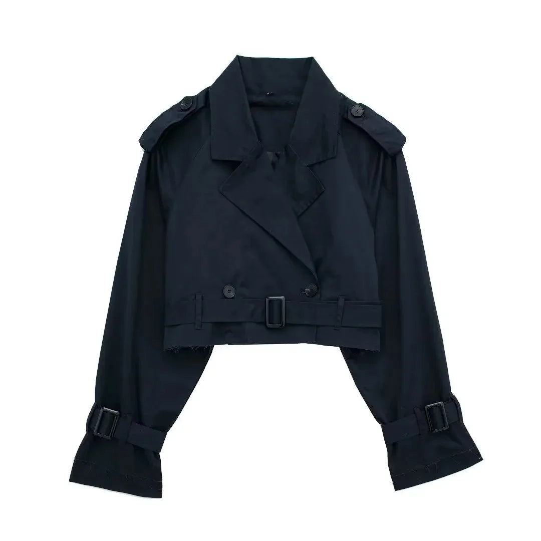 Women's cropped black trench coat with belted sleeves for stylish layering