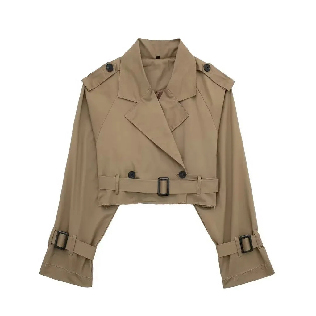 Tan cropped trench coat women, lightweight fabric for stylish layering