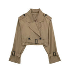 Tan cropped trench coat women, lightweight fabric for stylish layering