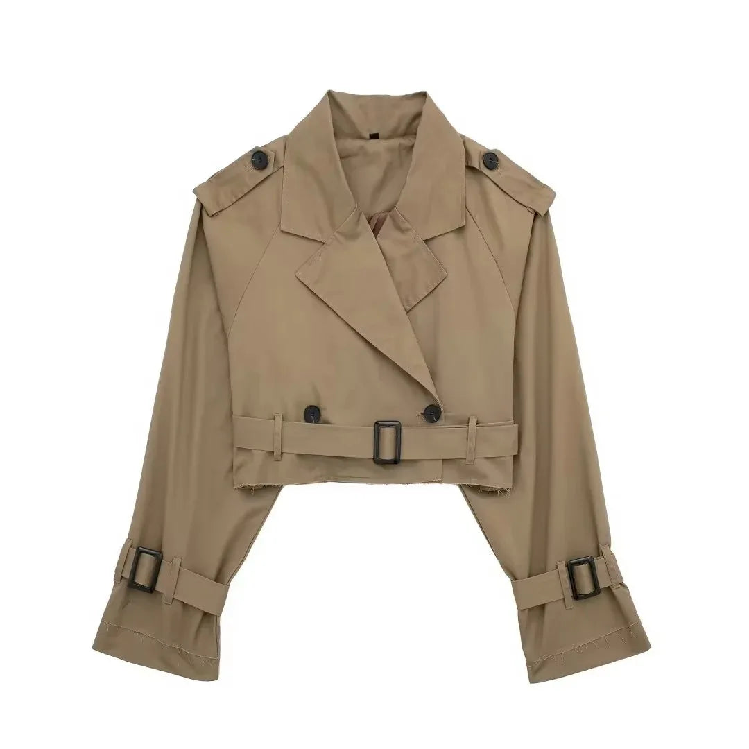 Tan cropped trench coat women, lightweight fabric for stylish layering