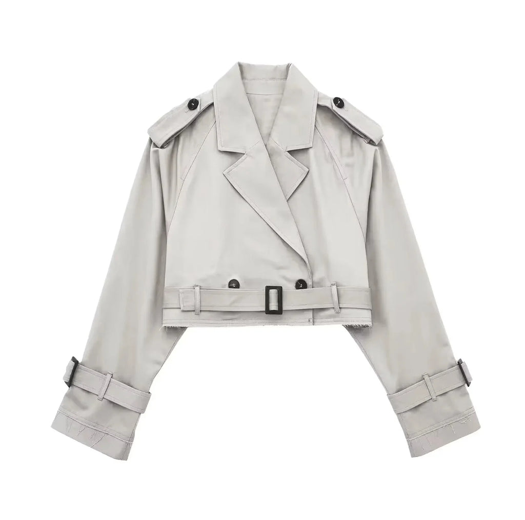Light gray cropped trench coat women, stylish for spring fashion