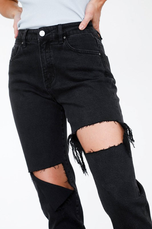 Trendy black ripped jeans by Insane Gene featuring stylish distressed details and a high-waisted fit