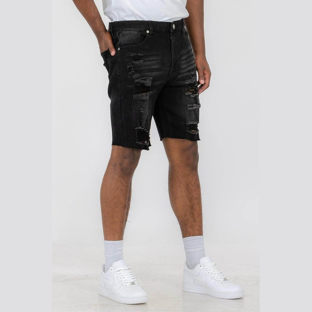 Men's ripped black denim shorts by WEIV, styled with a trendy camo shirt and shorts