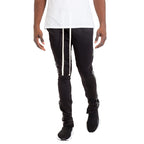 Men's black trendy leather stripe joggers with white drawstrings and slim fit by WEIV