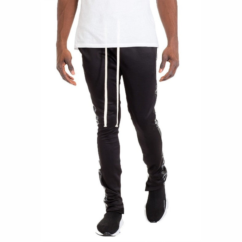 Men's black trendy leather stripe joggers with white drawstrings and slim fit by WEIV
