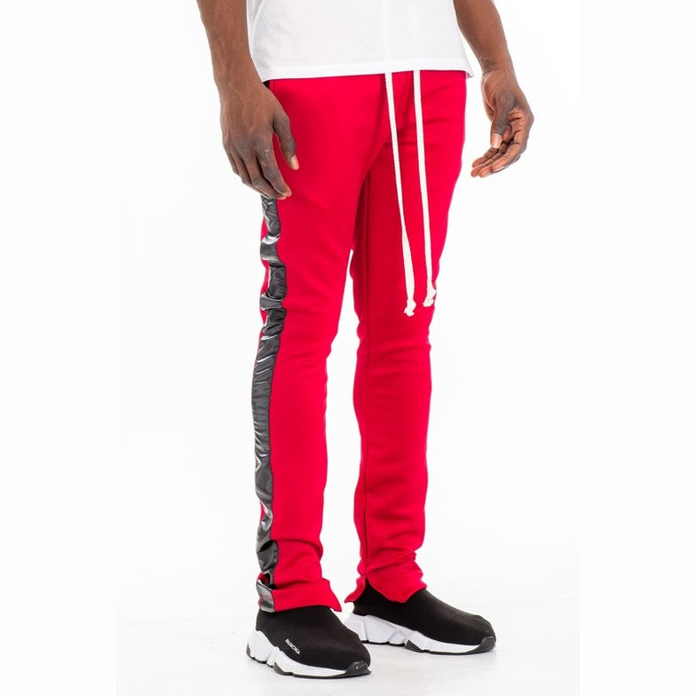 WEIV trendy leather stripe joggers in red with black leather stripe side detail and white drawstrings