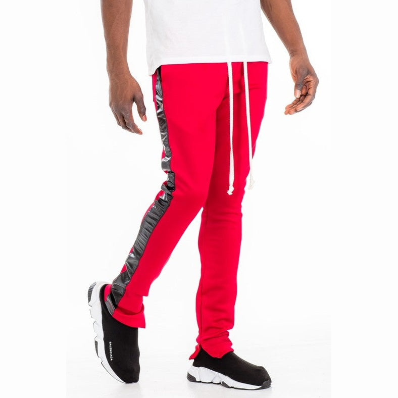 WEIV trendy leather stripe joggers in red with black leather side stripes and white drawstrings