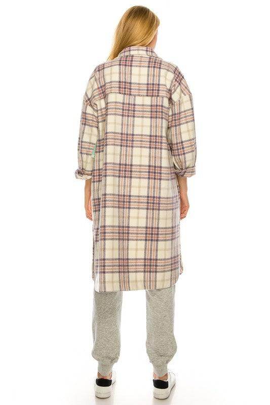 Back view of a trendy plaid jacket women by Andante USA, perfect for casual outfits