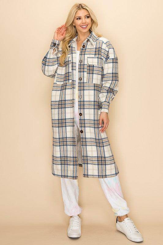 Andante USA trendy plaid jacket women featuring a button-down design and oversized fit for stylish layering