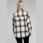 Women's trendy plaid shacket jacket from Ambiance Apparel with a stylish checkered pattern