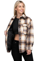 Trendy plaid shacket jacket from Ambiance Apparel with a stylish plaid design and button closure