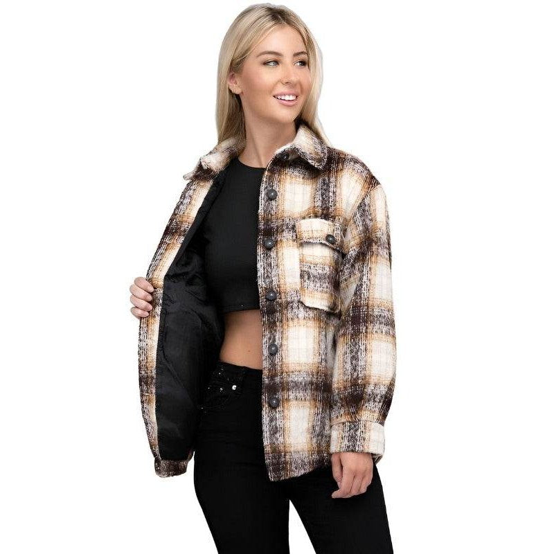 Trendy plaid shacket jacket from Ambiance Apparel with a stylish plaid design and button closure