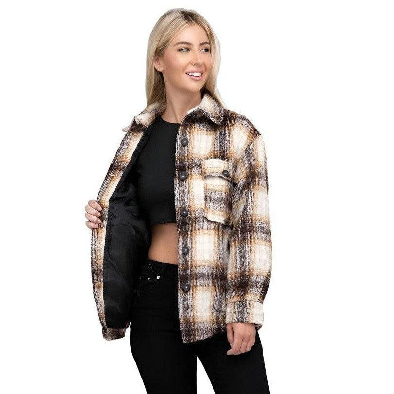 Trendy plaid shacket jacket from Ambiance Apparel with a stylish plaid design and button closure