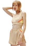 Miss Sparkling trendy retro activewear beige crop top and shorts set with orange and yellow accents