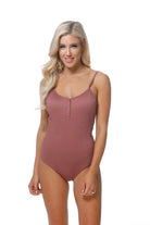 Beach Joy Bikini women's 1PC trendy ribbed swimsuit 2024 in mauve with button detail and thin straps