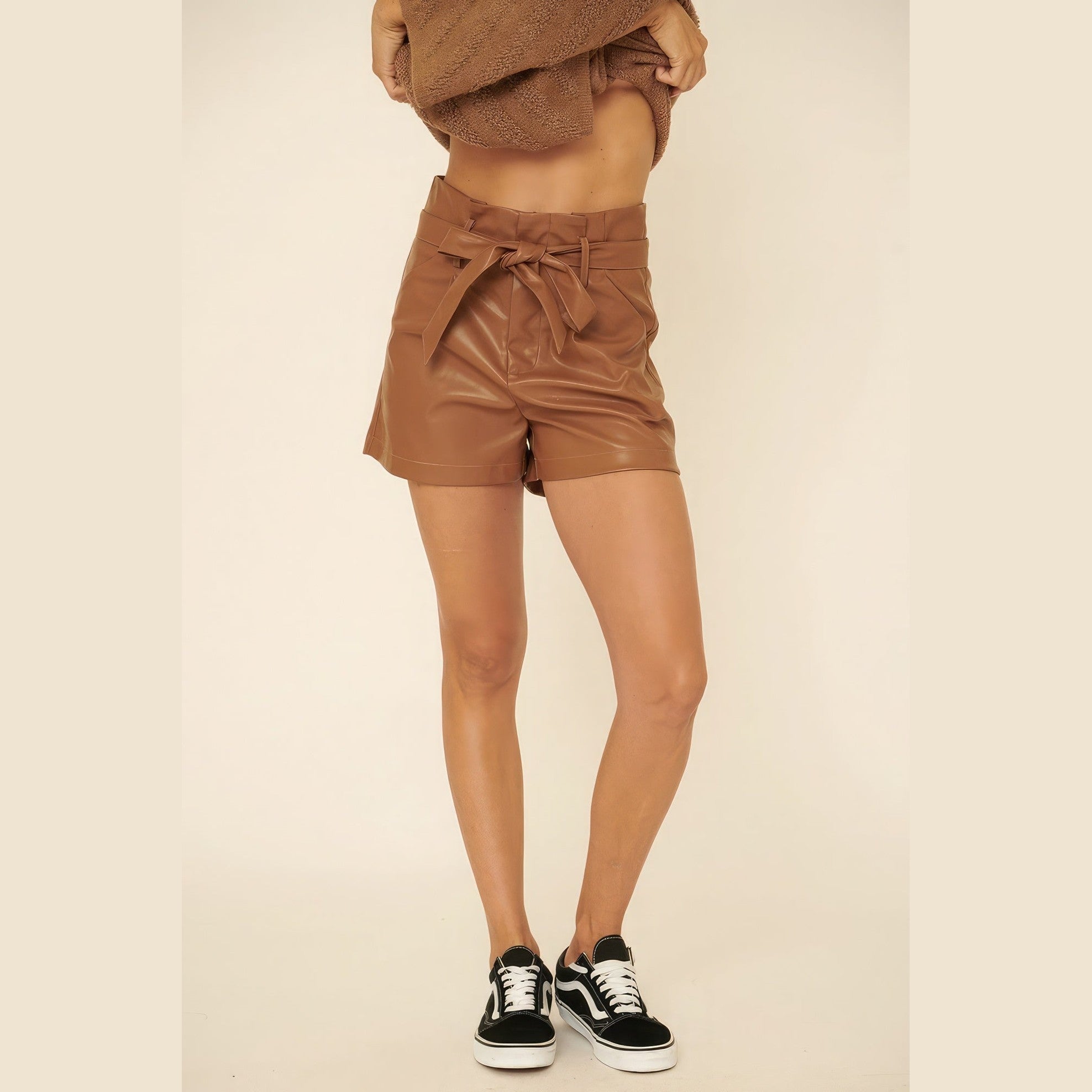 VacationGrabs trendy summer faux leather shorts in brown with a tied waist and casual fit