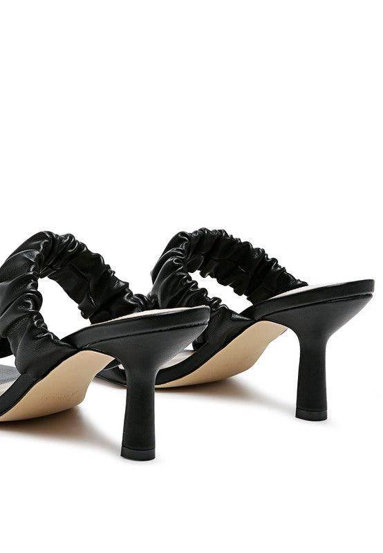 Stylish black Rag Company trendy summer heels with ruched design for fashionable summer outings
