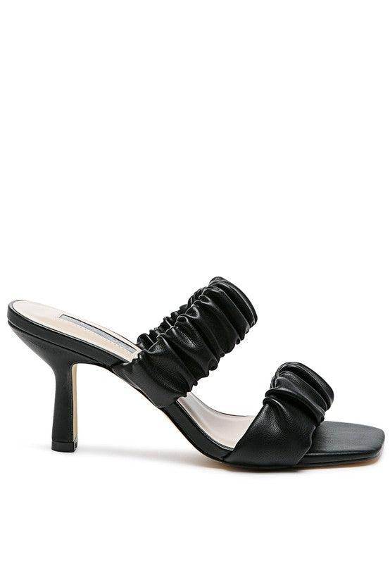 Stylish black Rag Company trendy summer heels with ruched straps and a sleek design