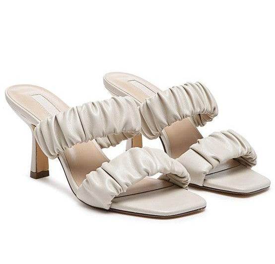 Rag Company trendy summer heels in cream color with ruched straps and elegant design