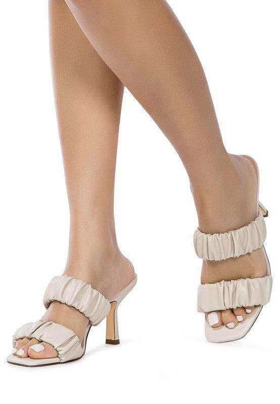 Beige Rag Company trendy summer heels with ruched design and open toe style