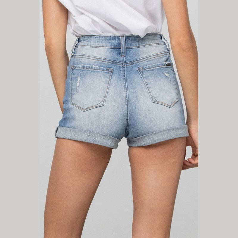 Light blue denim trendy summer shorts women with a rolled hem and back pockets for casual wear