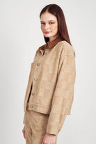 Emory Park trendy travel jacket in beige with a stylish checkered pattern and button details for women