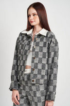 Emory Park trendy travel jacket in black and white check pattern, perfect for stylish adventures