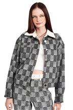 Emory Park trendy travel jacket in black and white check pattern for stylish travel outfits