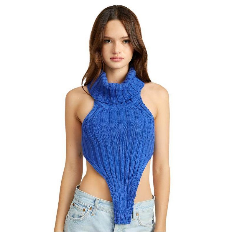 Emory Park trendy turtle neck sweater in blue with ribbed texture and unique cutout design