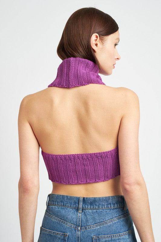 Emory Park trendy turtle neck sweater in purple with a cropped back design for a stylish look